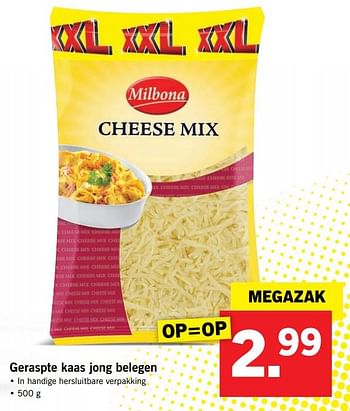Aanbiedingen Geraspte kaas jong belegen - Milbona - Geldig van 27/08/2017 tot 03/09/2017 bij Lidl