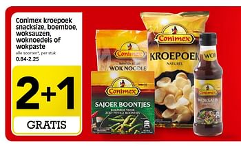 Aanbiedingen Conimex kroepoek snacksize, boemboe, woksauzen, woknoedels of wokpaste - Conimex - Geldig van 27/08/2017 tot 02/09/2017 bij Em-té