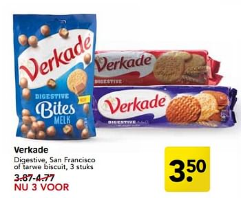 Aanbiedingen Verkade digestive, san francisco of tarwe biscuit - Verkade - Geldig van 27/08/2017 tot 02/09/2017 bij Em-té