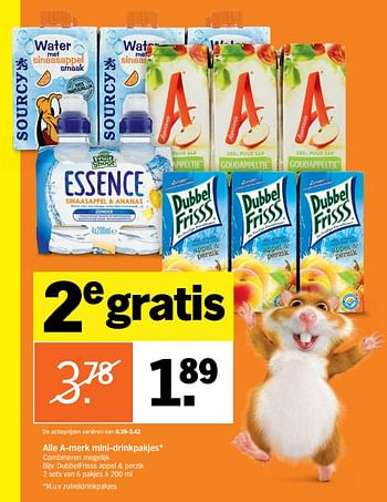 Aanbiedingen A-merk mini-drinkpakjes dubbelfrisss appel + perzik - Huismerk - Albert Heijn - Geldig van 28/08/2017 tot 03/09/2017 bij Albert Heijn