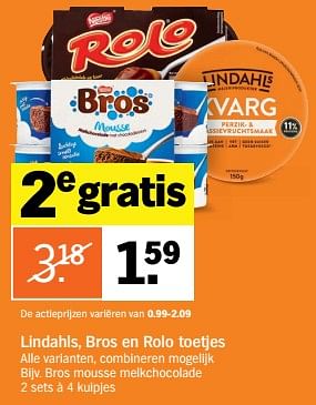 Aanbiedingen Bros mousse melkchocolade - Huismerk - Albert Heijn - Geldig van 28/08/2017 tot 03/09/2017 bij Albert Heijn