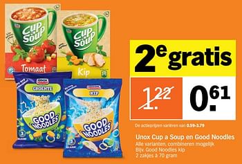 Aanbiedingen Unox cup a soup good noodles kip - Unox - Geldig van 28/08/2017 tot 03/09/2017 bij Albert Heijn