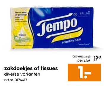 Aanbiedingen Zakdoekjes of tissues - Tempo - Geldig van 26/08/2017 tot 06/09/2017 bij Blokker