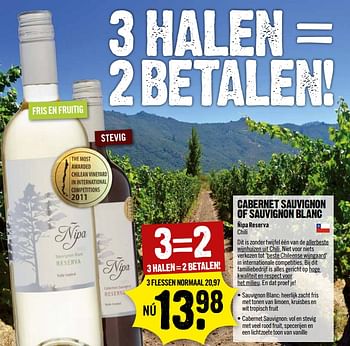 Aanbiedingen Cabernet sauvignon of sauvignon blanc ñipa reserva chili - Witte wijnen - Geldig van 27/08/2017 tot 02/09/2017 bij Dirk III