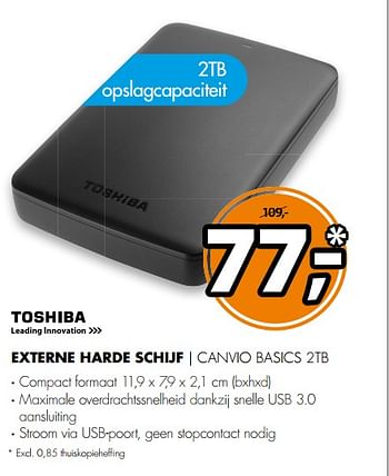 Aanbiedingen Toshiba externe harde schijf canvio basics 2tb - Toshiba - Geldig van 26/08/2017 tot 03/09/2017 bij Expert