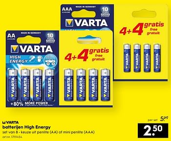 Aanbiedingen Batterijen high energy - Varta - Geldig van 26/08/2017 tot 06/09/2017 bij Blokker