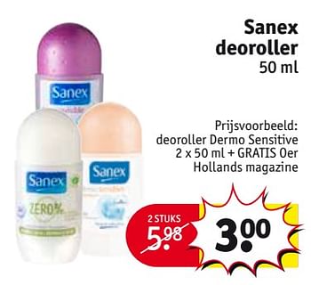 Aanbiedingen Deoroller dermo sensitive 2 x + gratis oer hollands magazine - Sanex - Geldig van 29/08/2017 tot 10/09/2017 bij Kruidvat