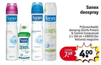 Aanbiedingen Deospray zero% protect + control compressed 2 x + gratis oer hollands magazine - Sanex - Geldig van 29/08/2017 tot 10/09/2017 bij Kruidvat