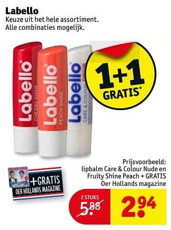 Aanbiedingen Lipbalm care + colour nude en fruity shine peach + gratis oer hollands magazine - Labello - Geldig van 29/08/2017 tot 10/09/2017 bij Kruidvat