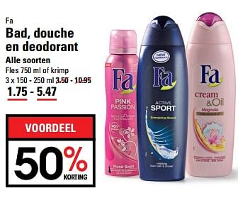 Aanbiedingen Fa bad, douche en deodorant alle soorten - Fa - Geldig van 01/08/2017 tot 11/09/2017 bij Sligro