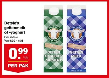 Aanbiedingen Betsie`s geitenmelk of -yoghurt - Betsie's - Geldig van 30/08/2017 tot 05/09/2017 bij Hoogvliet