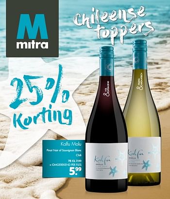 Aanbiedingen Kalfu molu pinot noir of sauvignon blanc chili - Witte wijnen - Geldig van 28/08/2017 tot 11/10/2017 bij Mitra