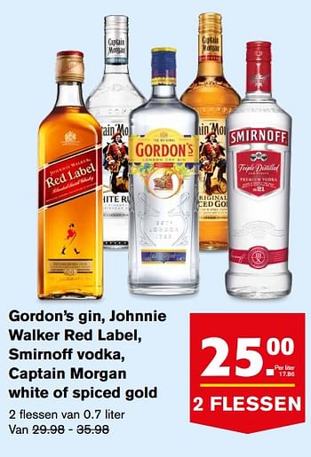 Aanbiedingen Gordon`s gin, johnnie walker red label, smirnoff vodka, captain morgan white of spiced gold - Huismerk - Hoogvliet - Geldig van 30/08/2017 tot 05/09/2017 bij Hoogvliet