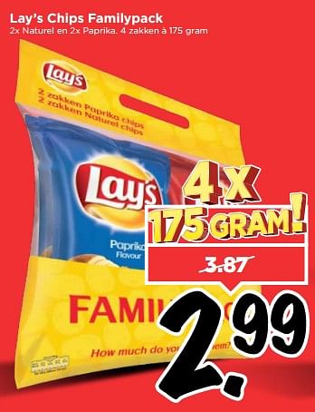 Aanbiedingen Lay`s chips familypack - Lay's - Geldig van 03/09/2017 tot 09/09/2017 bij Vomar