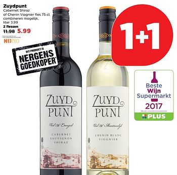 Aanbiedingen Zuydpunt cabernet shiraz of chenin viognier - Rode wijnen - Geldig van 03/09/2017 tot 09/09/2017 bij Plus