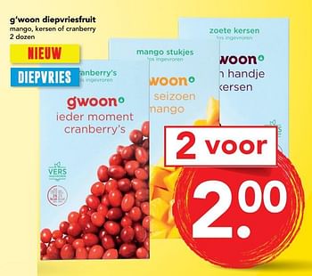 Aanbiedingen G`woon diepvriesfruit mango, kersen of cranberry - Gâ€™woon - Geldig van 03/09/2017 tot 09/09/2017 bij Deen Supermarkten