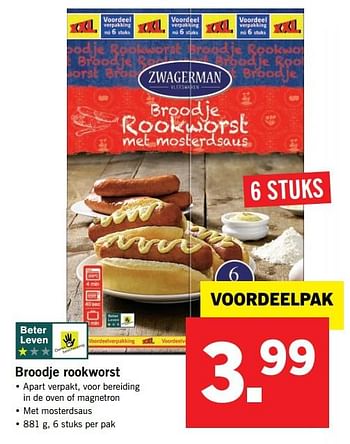 Aanbiedingen Broodje rookworst - Zwagerman - Geldig van 04/09/2017 tot 10/09/2017 bij Lidl