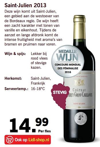 Aanbiedingen Saint-julien 2013 - Rode wijnen - Geldig van 04/09/2017 tot 10/09/2017 bij Lidl
