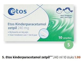 Aanbiedingen Etos kinderparacetamol zetpil - Huismerk - Etos - Geldig van 04/09/2017 tot 10/09/2017 bij Etos