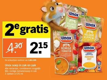 Aanbiedingen Romige tomatensoep in zak - Unox - Geldig van 04/09/2017 tot 10/09/2017 bij Albert Heijn