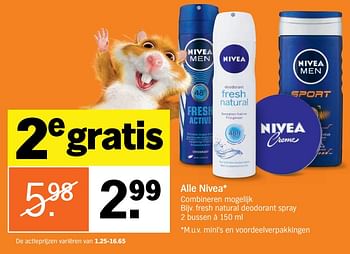 Aanbiedingen Fresh natural deodorant spray - Nivea - Geldig van 04/09/2017 tot 10/09/2017 bij Albert Heijn