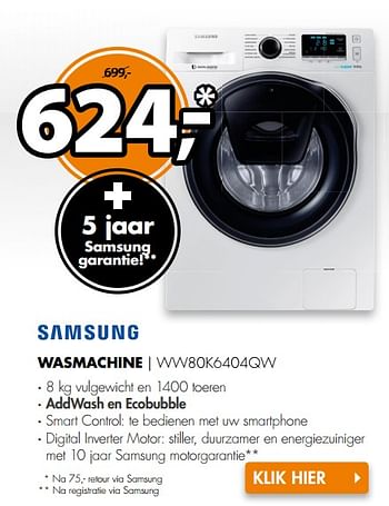 Aanbiedingen Samsung wasmachine ww80k6404qw - Samsung - Geldig van 04/09/2017 tot 10/09/2017 bij Expert