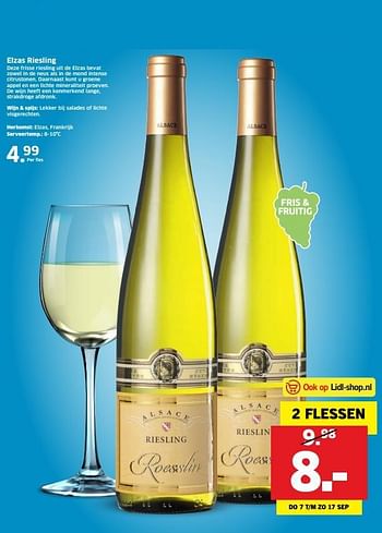 Aanbiedingen Elzas riesling - Witte wijnen - Geldig van 07/09/2017 tot 17/09/2017 bij Lidl
