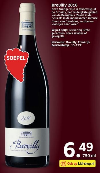 Aanbiedingen Brouilly 2016 - Rode wijnen - Geldig van 07/09/2017 tot 17/09/2017 bij Lidl