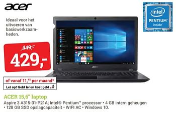 Aanbiedingen Acer 15.6 laptop aspire 3 a315-31-p21a - Acer - Geldig van 04/09/2017 tot 17/09/2017 bij BCC