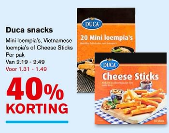Aanbiedingen Duca snacks mini loempia`s, vietnamese loempia`s of cheese sticks - Duca - Geldig van 06/09/2017 tot 12/09/2017 bij Hoogvliet