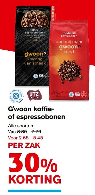 Aanbiedingen G`woon koffie of espressobonen - Gâ€™woon - Geldig van 06/09/2017 tot 12/09/2017 bij Hoogvliet