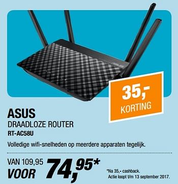 Aanbiedingen Asus draadloze router rt-ac58u - Asus - Geldig van 04/09/2017 tot 16/09/2017 bij Electro World