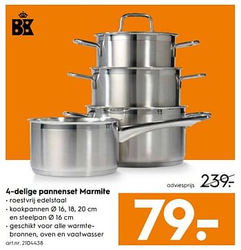 Aanbiedingen 4-delige pannenset marmite - BK - Geldig van 09/09/2017 tot 20/09/2017 bij Blokker