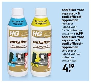 Aanbiedingen Ontkalker voor espresso- + padkoffiezetapparaten - HG - Geldig van 09/09/2017 tot 20/09/2017 bij Blokker