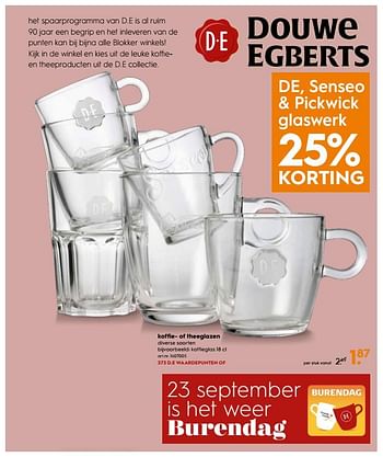 Aanbiedingen Koffie- of theeglazen - Douwe Egberts - Geldig van 09/09/2017 tot 20/09/2017 bij Blokker