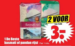 Aanbiedingen 1 de beste basmati of pandan rijst - 1 de beste - Geldig van 10/09/2017 tot 16/09/2017 bij Lekker Doen