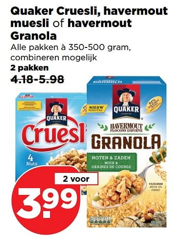 Aanbiedingen Quaker cruesli, havermout muesli of havermout granola - Quaker - Geldig van 10/09/2017 tot 16/09/2017 bij Plus