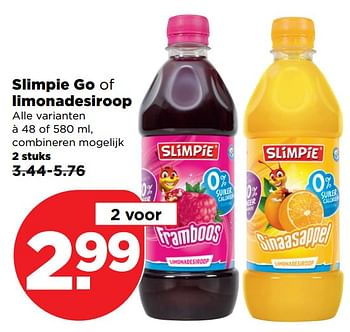 Aanbiedingen Slimpie go of limonadesiroop - Slimpie - Geldig van 10/09/2017 tot 16/09/2017 bij Plus