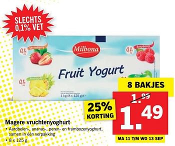 Aanbiedingen Magere vruchtenyoghurt - Milbona - Geldig van 11/09/2017 tot 17/09/2017 bij Lidl