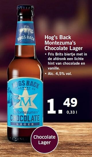Aanbiedingen Hog`s back montezuma`s chocolate lager - Hogs Back Brewery - Geldig van 11/09/2017 tot 17/09/2017 bij Lidl