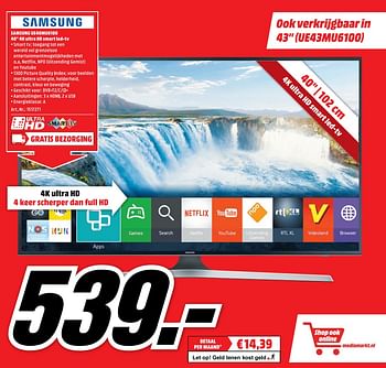Aanbiedingen Samsung ue40mu6100 4k ultra hd smart led-tv - Samsung - Geldig van 11/09/2017 tot 17/09/2017 bij Media Markt