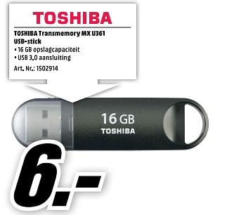 Aanbiedingen Toshiba transmemory mx u361 usb-stick - Toshiba - Geldig van 11/09/2017 tot 17/09/2017 bij Media Markt