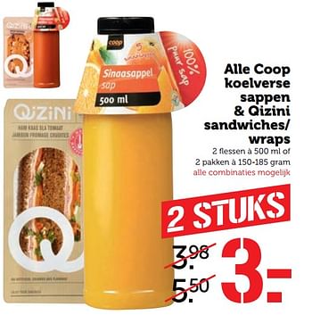 Aanbiedingen Alle coop koelverse sappen + qizini sandwiches- wraps - Huismerk - Coop - Geldig van 11/09/2017 tot 17/09/2017 bij Coop