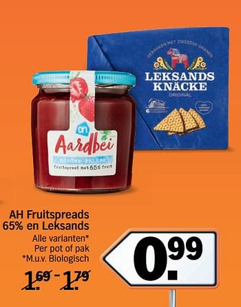 Aanbiedingen Ah fruitspreads 65% en leksands - Huismerk - Albert Heijn - Geldig van 11/09/2017 tot 17/09/2017 bij Albert Heijn