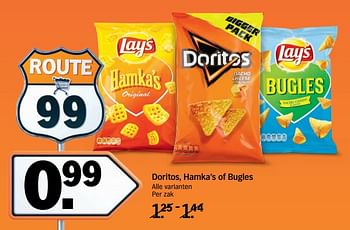 Aanbiedingen Doritos, hamka`s of bugles - Huismerk - Albert Heijn - Geldig van 11/09/2017 tot 17/09/2017 bij Albert Heijn