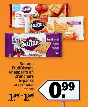 Aanbiedingen Sultana fruitbiscuit, knapperrs en crunchers - Sultana - Geldig van 11/09/2017 tot 17/09/2017 bij Albert Heijn