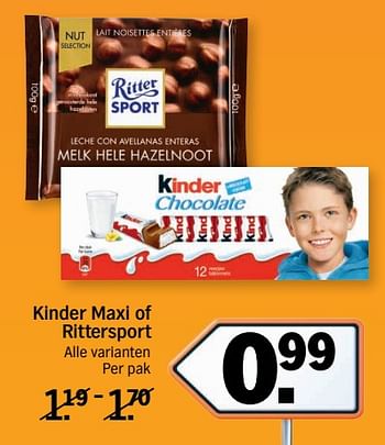 Aanbiedingen Kinder maxi of rittersport - Huismerk - Albert Heijn - Geldig van 11/09/2017 tot 17/09/2017 bij Albert Heijn