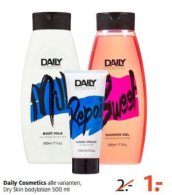 Aanbiedingen Daily cosmetics dry skin bodylotion - Daily Cosmetics - Geldig van 11/09/2017 tot 24/09/2017 bij Etos