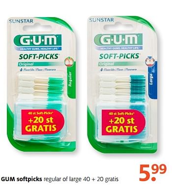 Aanbiedingen Gum softpicks regular of large - GUM - Geldig van 11/09/2017 tot 24/09/2017 bij Etos