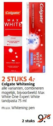 Aanbiedingen Colgate max white one expert white tandpasta - Colgate - Geldig van 11/09/2017 tot 24/09/2017 bij Etos